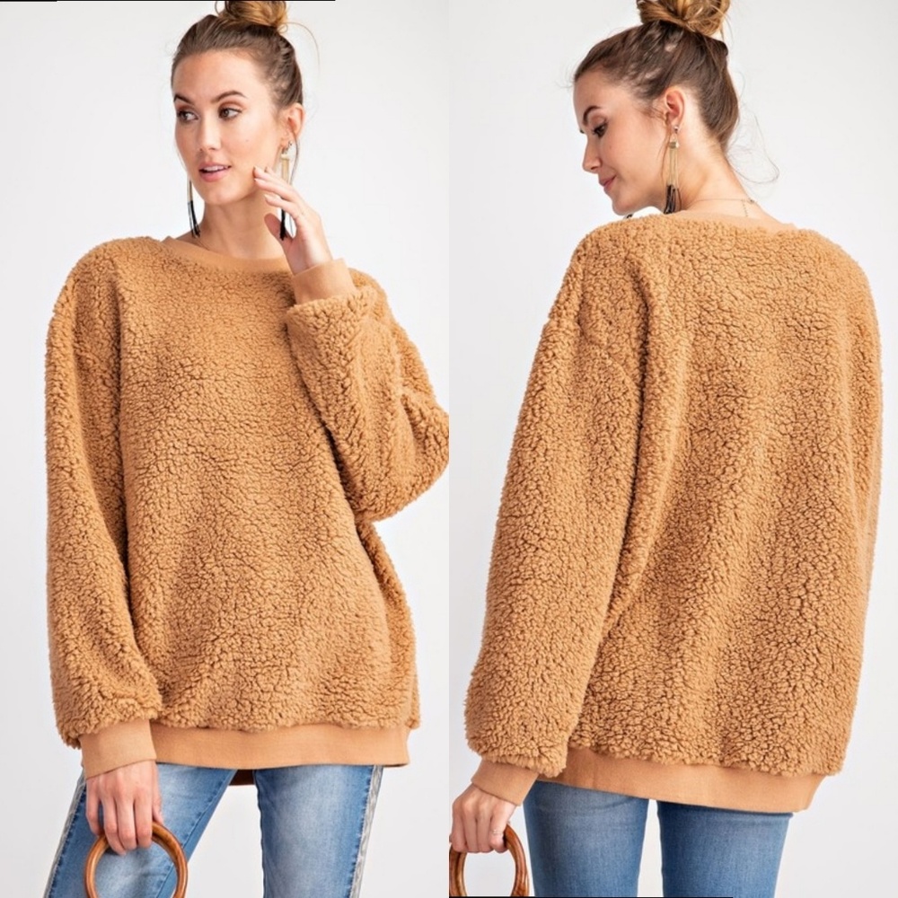 Camel fuzzy crew neck sweatshirt - Picture 2 of 5
